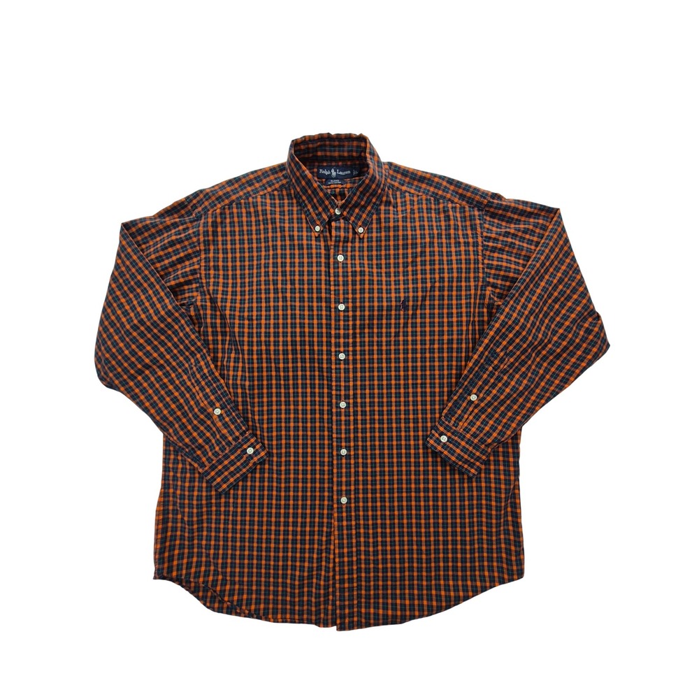 Polo Ralph Lauren Blake Shirt Men's Large Orange Navy Plaid Short Sleeve